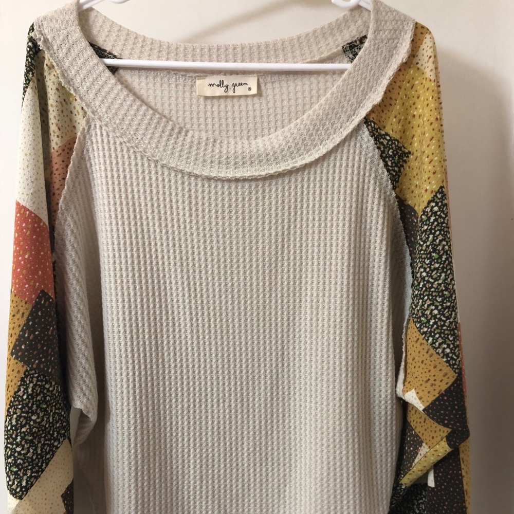 Off-Shoulder Patchwork Balloon Sleeve - image 2